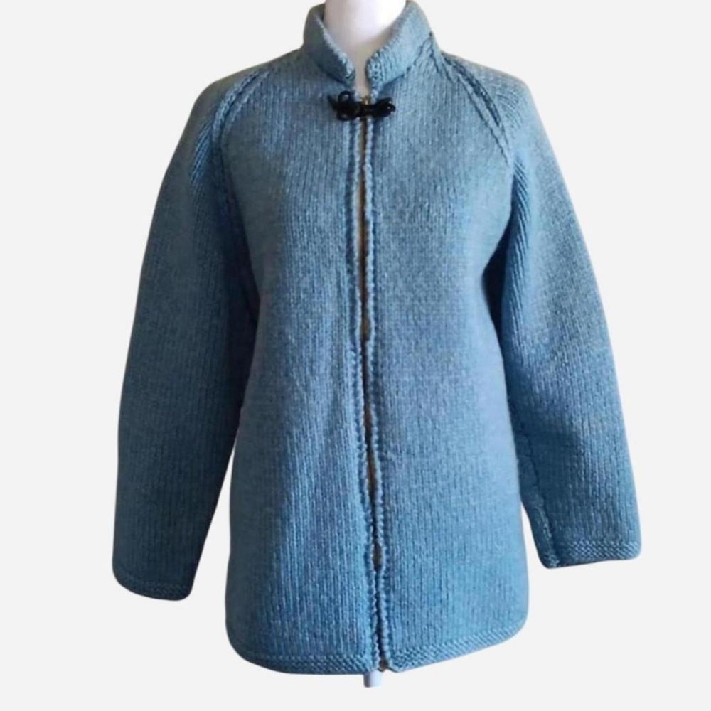 60s 70s Blue Knit Full Zip Cardigan Sweater Jacket, Fall Vintage Winter Knitwear - Picture 3 of 9